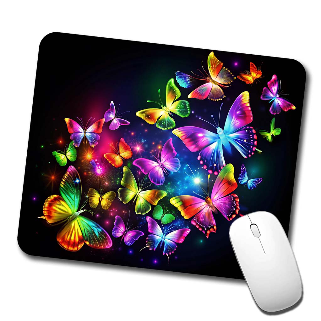 Neon Rainbow Butterflies Low Profile Mouse Pad Mat