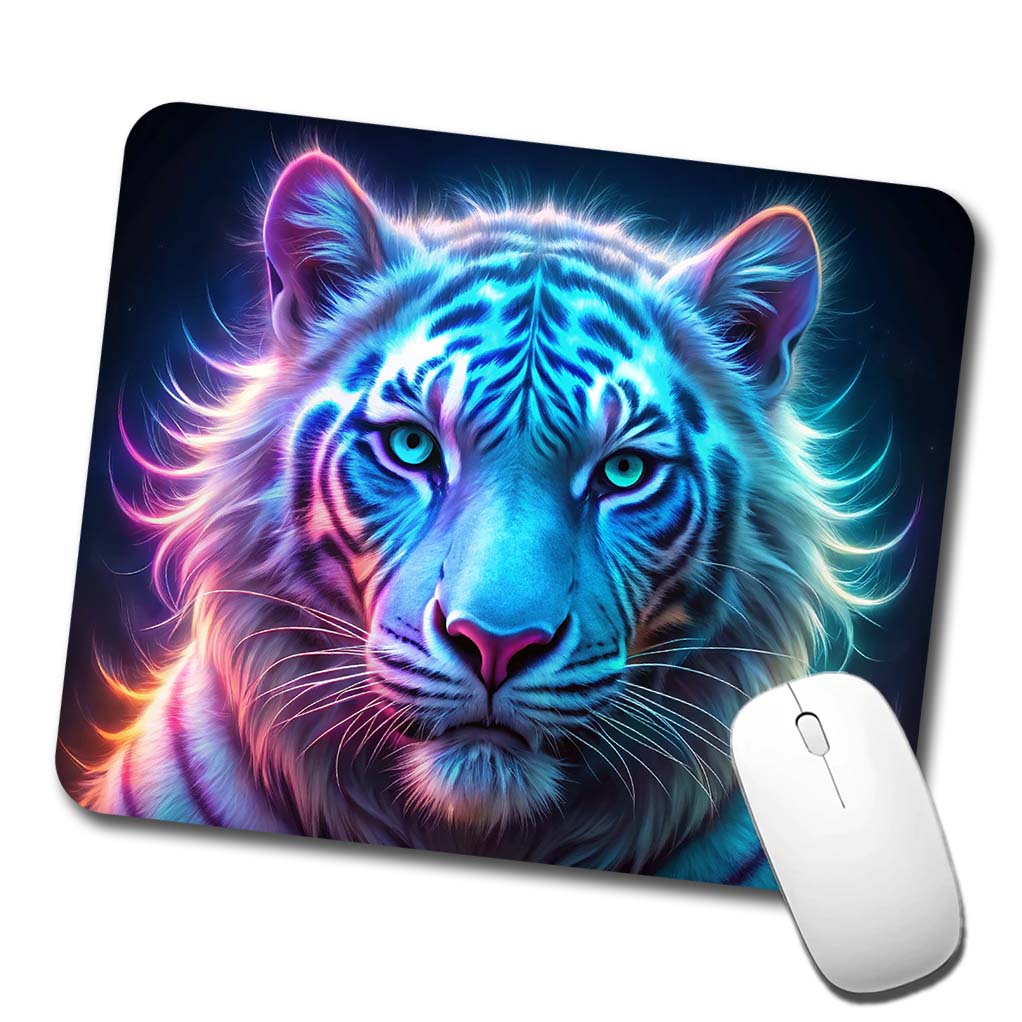 Neon White Tiger Face Low Profile Mouse Pad Mat
