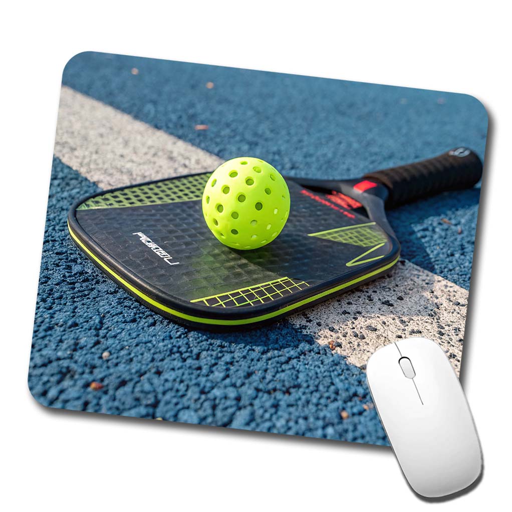 Pickleball Paddle and Ball on Court Low Profile Mouse Pad Mat