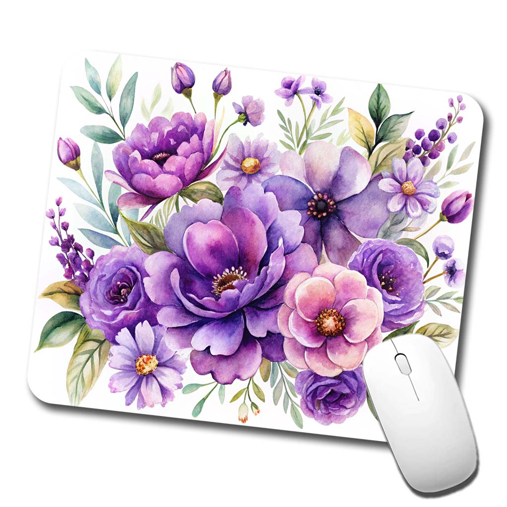 Purple Watercolor Flowers Low Profile Mouse Pad Mat