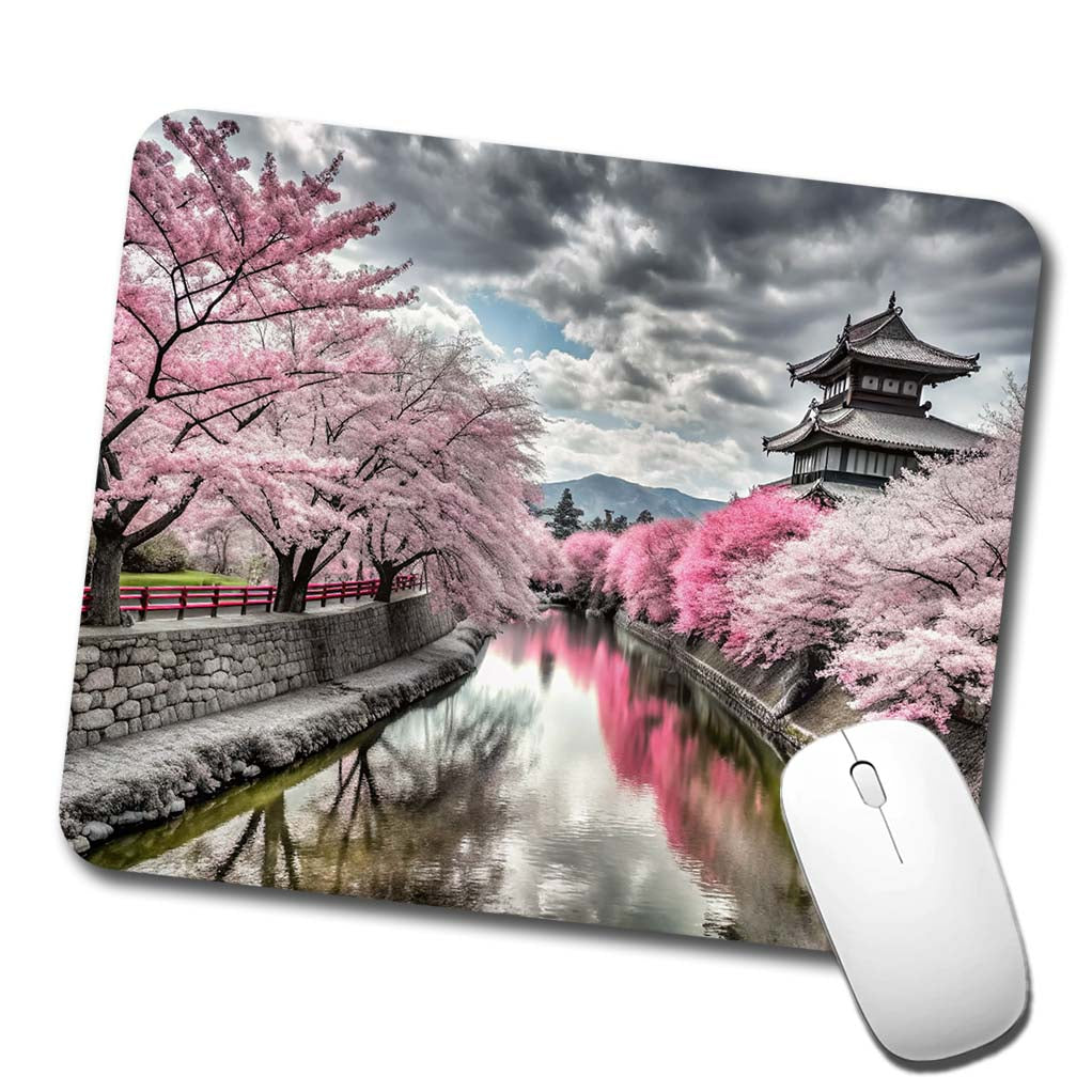 Sakura Trees Along River Japanese Scene Low Profile Mouse Pad Mat