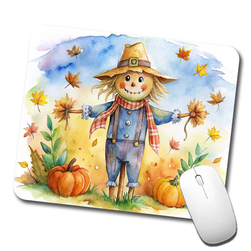 Scarecrow and Pumpkins Fall Watercolor Low Profile Mouse Pad Mat