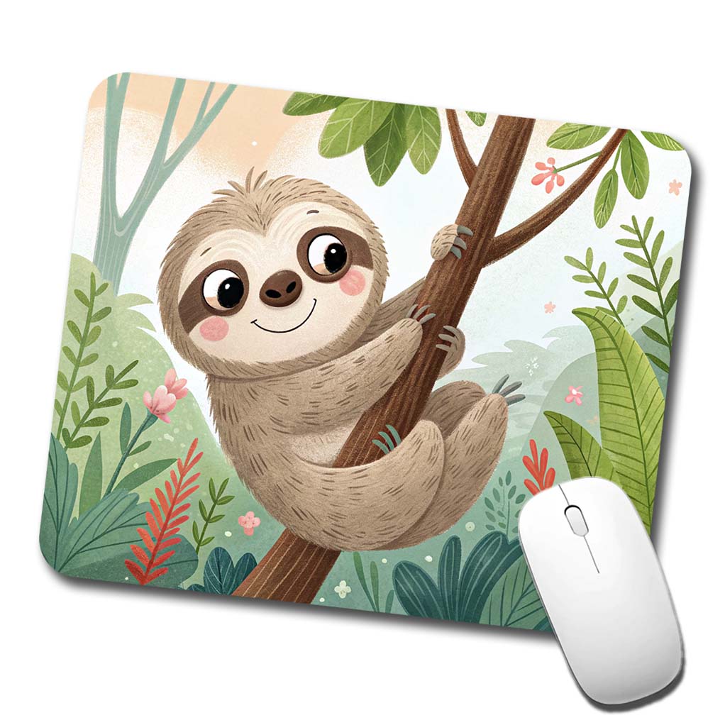 Sloth on Tree Children's Illustration Style Low Profile Mouse Pad Mat