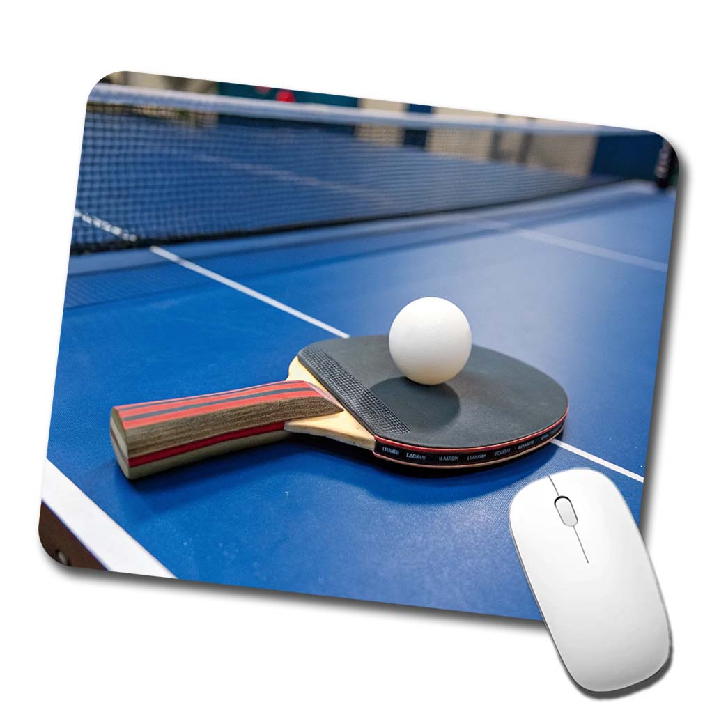 Table Tennis Ping Pong Paddle and Ball on Table Low Profile Mouse Pad Mat