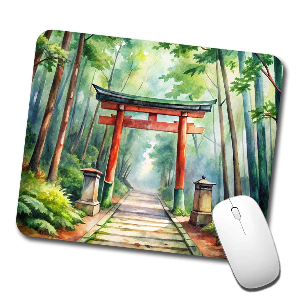 Torii Gate Leading To Forest Shrine Watercolor Low Profile Mouse Pad Mat