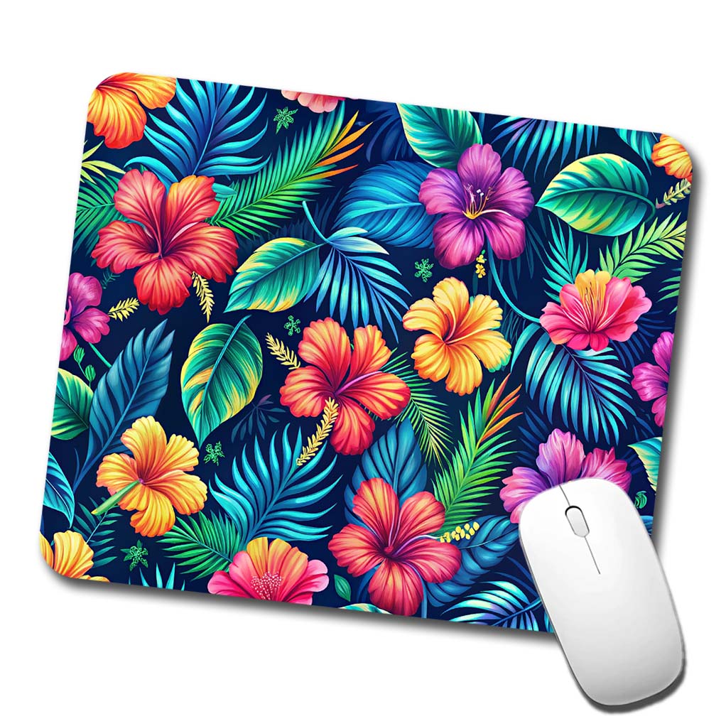 Tropical Neon Hibiscus Floral Pattern Low Profile Mouse Pad Mat
