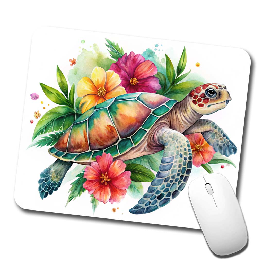 Tropical Sea Turtle Hibiscus Floral Watercolor Low Profile Mouse Pad Mat