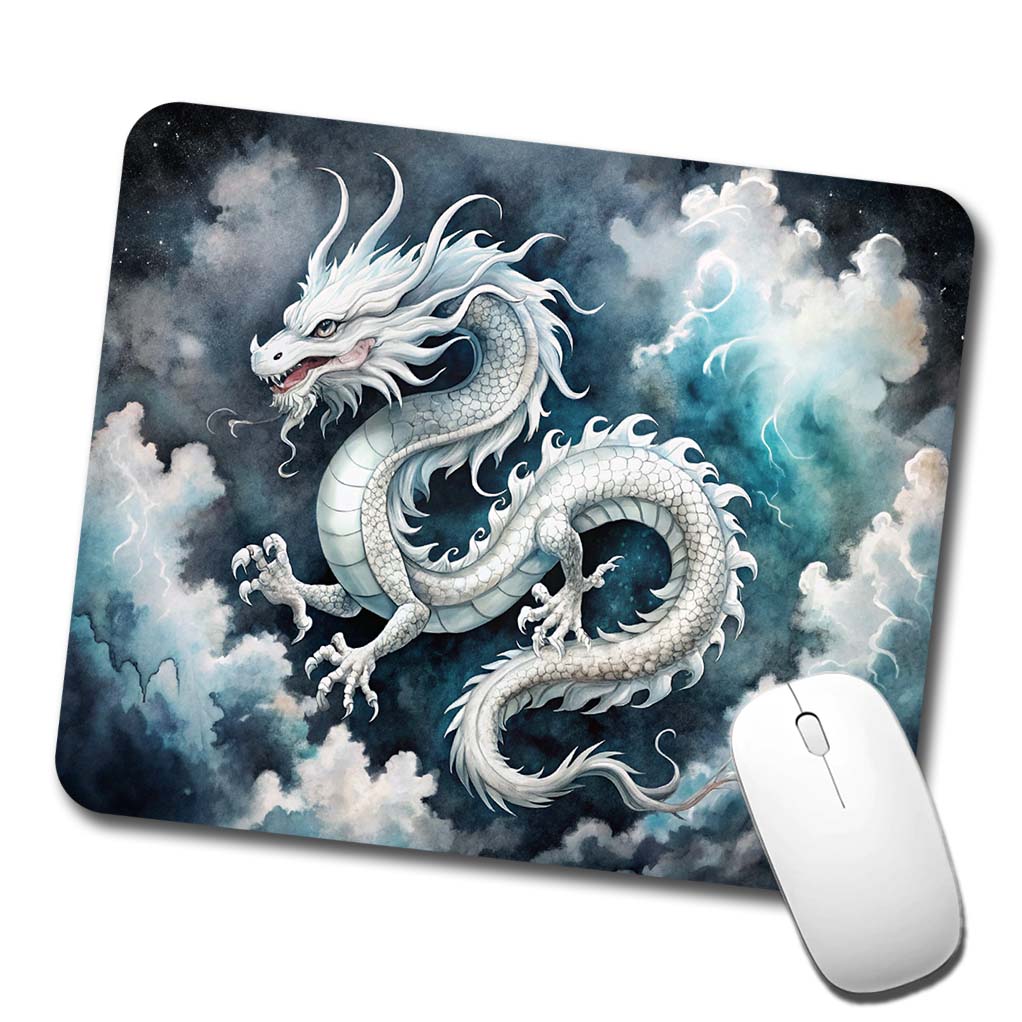 White Asian Dragon On Black Watercolor Low Profile Mouse Pad Mat