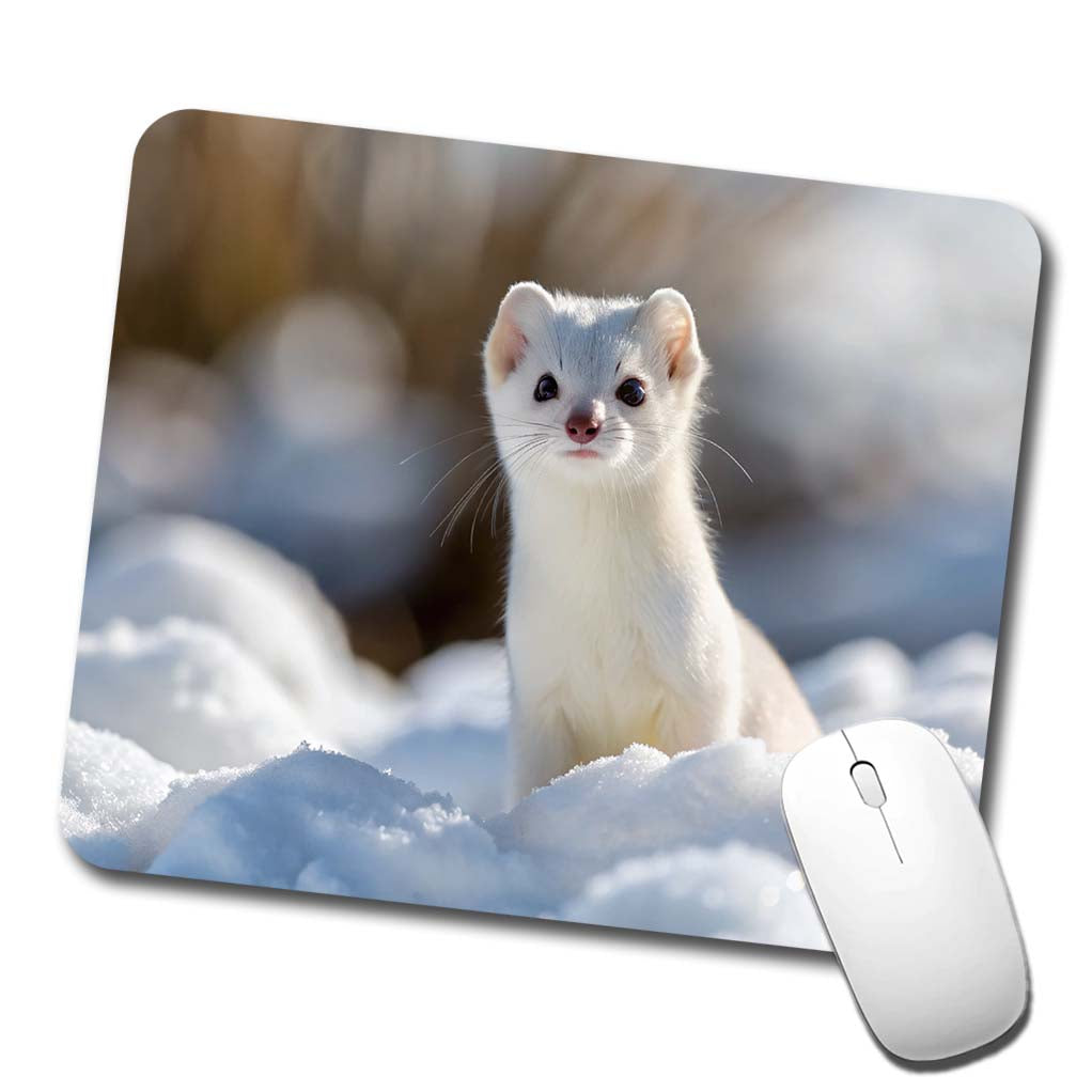 White Stoat Ermine In Snow Low Profile Mouse Pad Mat