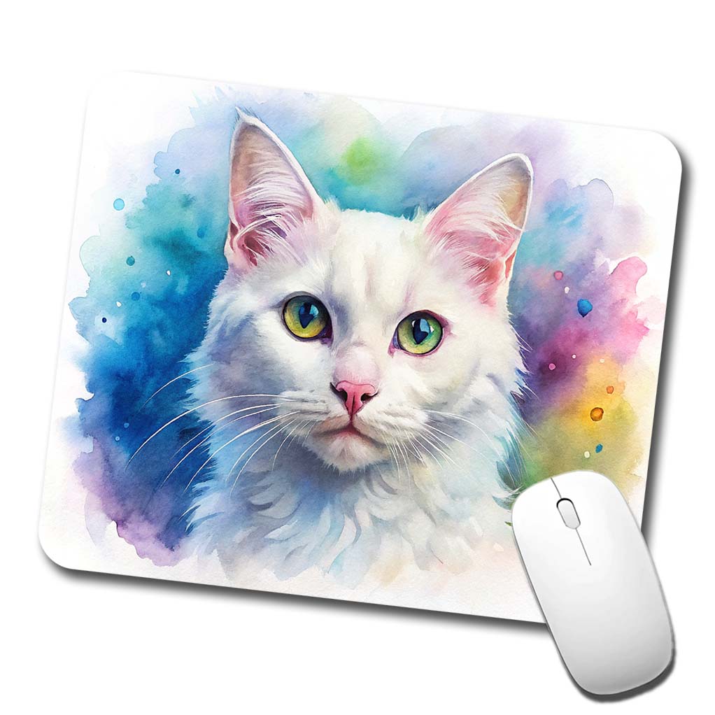 White Cat Watercolor Style Low Profile Mouse Pad Mat
