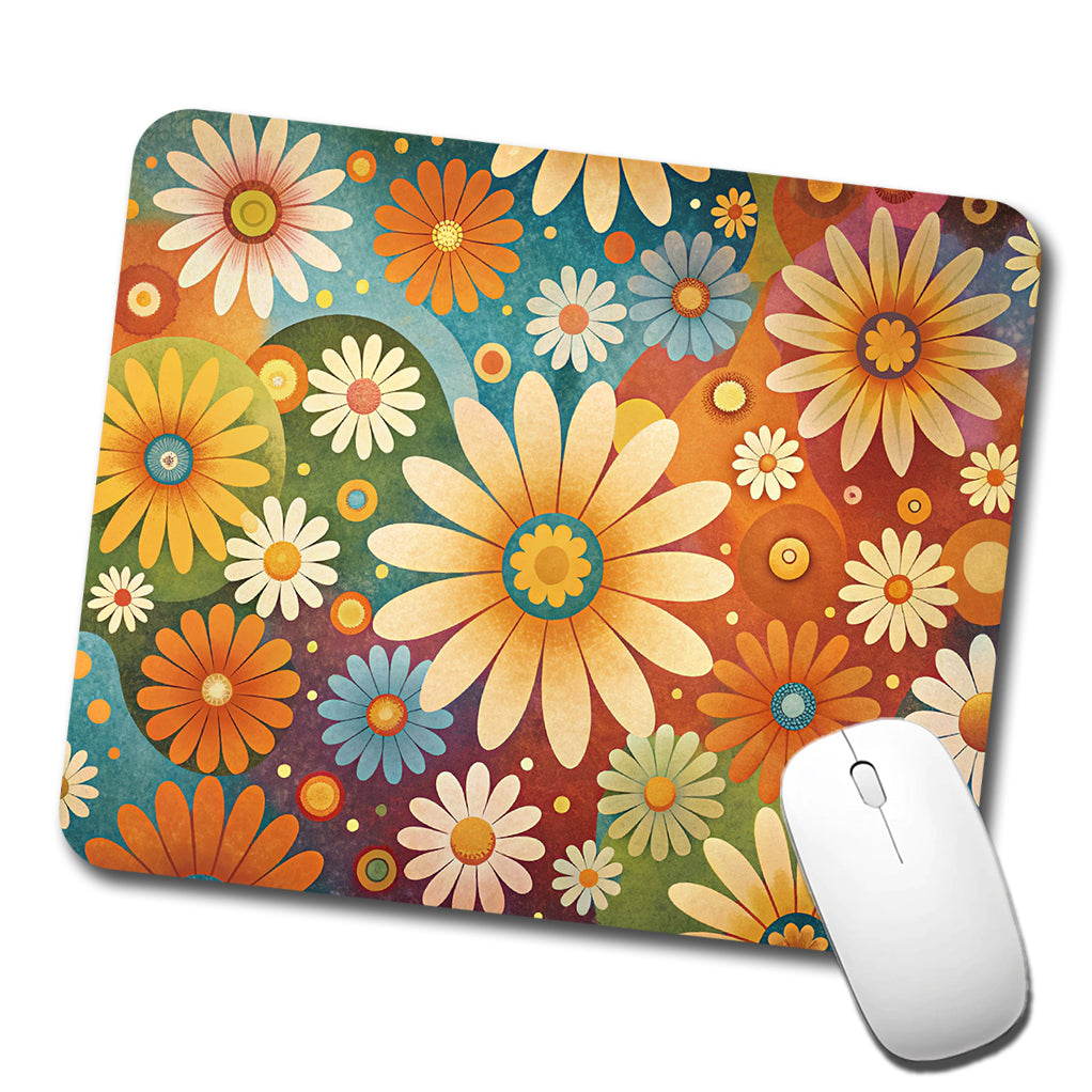 70's Retro Groovy Hippie Daisies Floral Design Low Profile Mouse Pad Mat