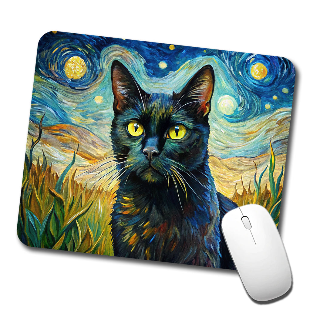 Black Cat Van Gogh Style Painting Low Profile Mouse Pad Mat