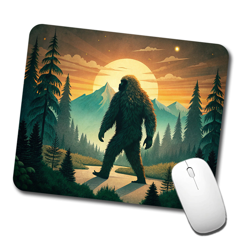 Retro Bigfoot Walking In The Woods At Sunset Low Profile Mouse Pad Mat