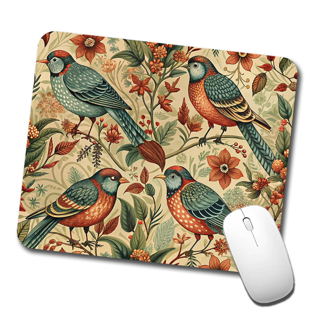 Retro Birds Floral Pattern Vintage Design Low Profile Mouse Pad Mat