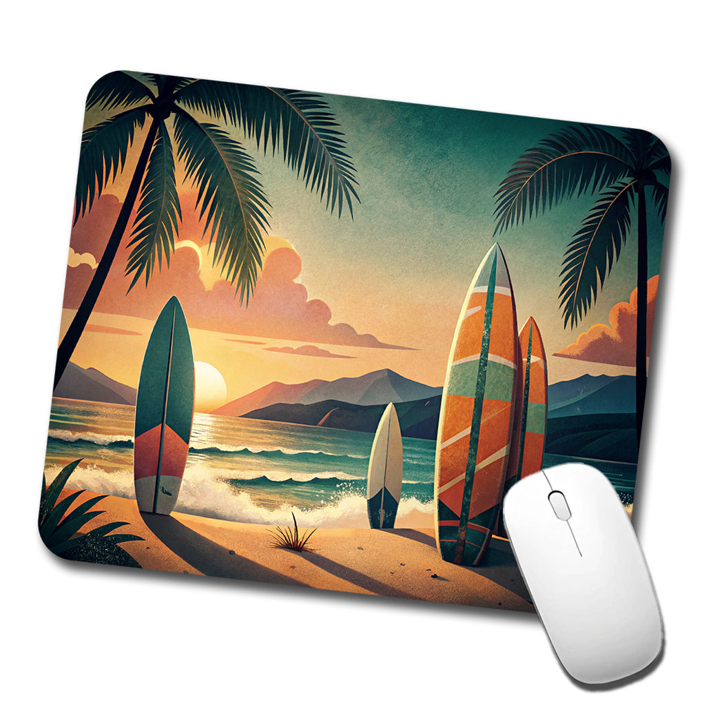 Retro Surfboards On Beach Tropical Sunset Illustration Low Profile Mouse Pad Mat