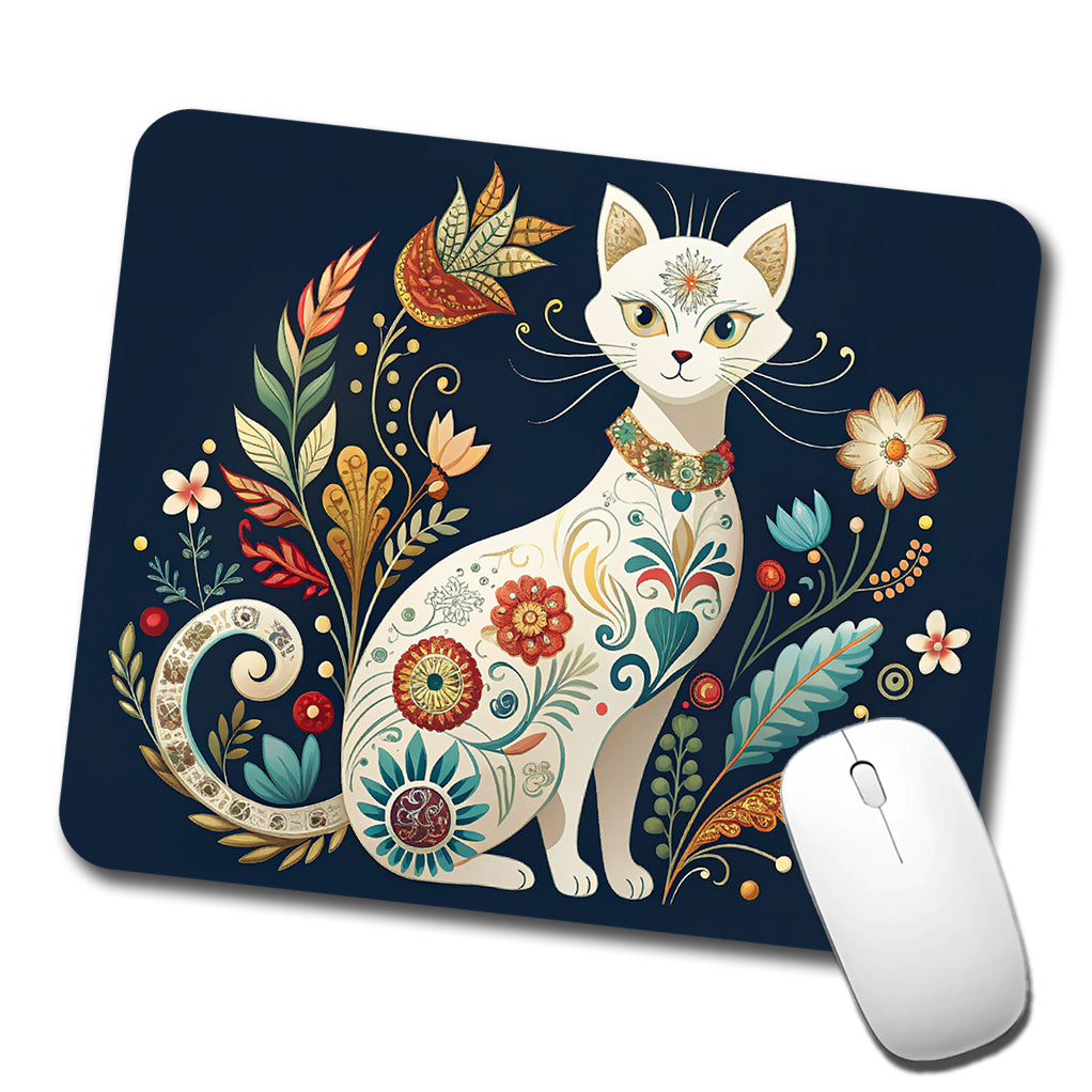 Stylized White Cat Floral Design Low Profile Mouse Pad Mat