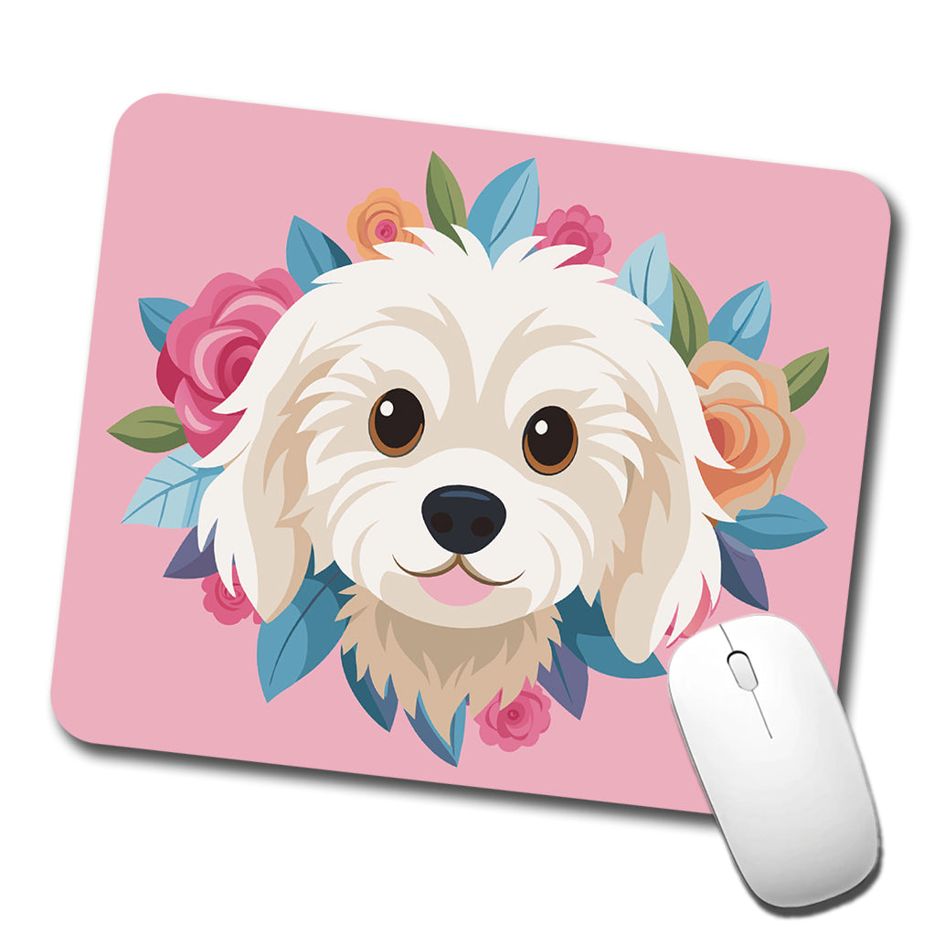 Cavachon Head Dog Floral Motif Pink Background Low Profile Mouse Pad Mat