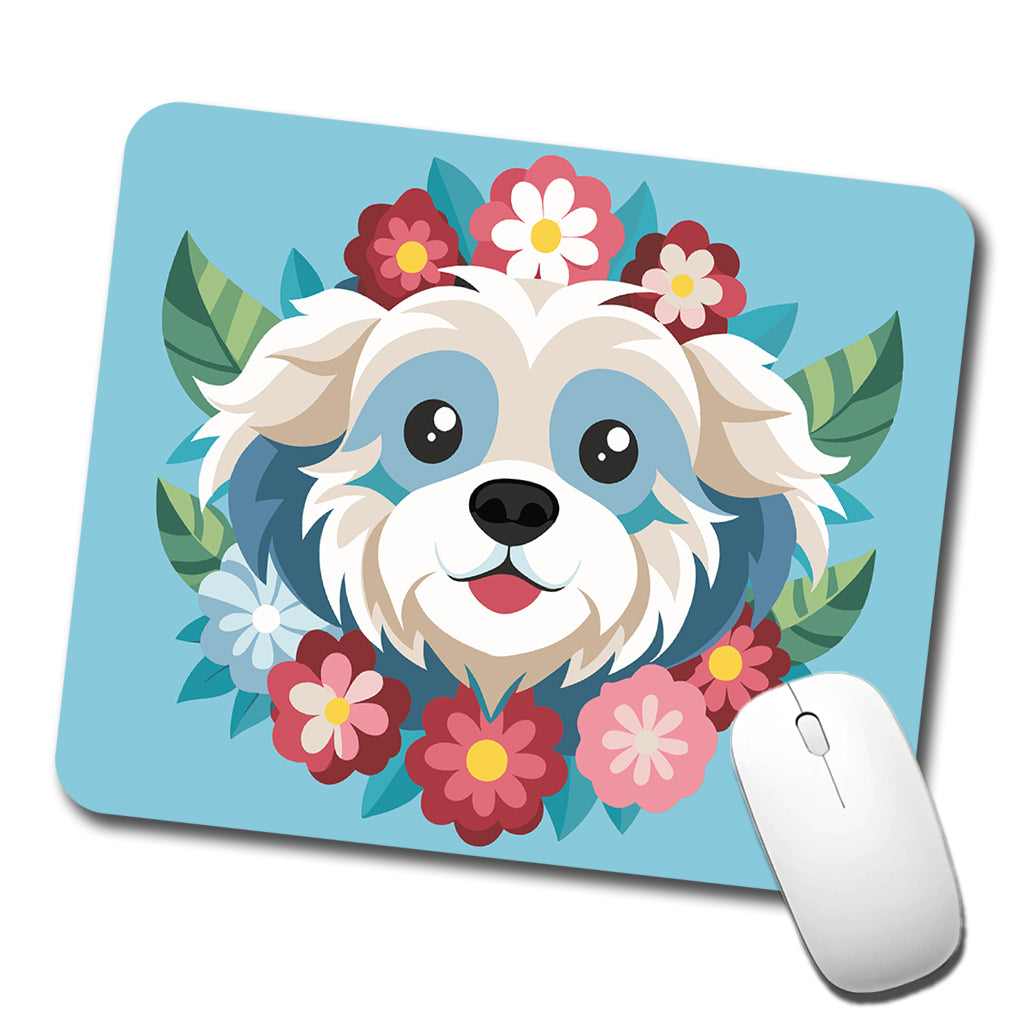Cavachon Head Floral Dog Motif Blue Background Low Profile Mouse Pad Mat
