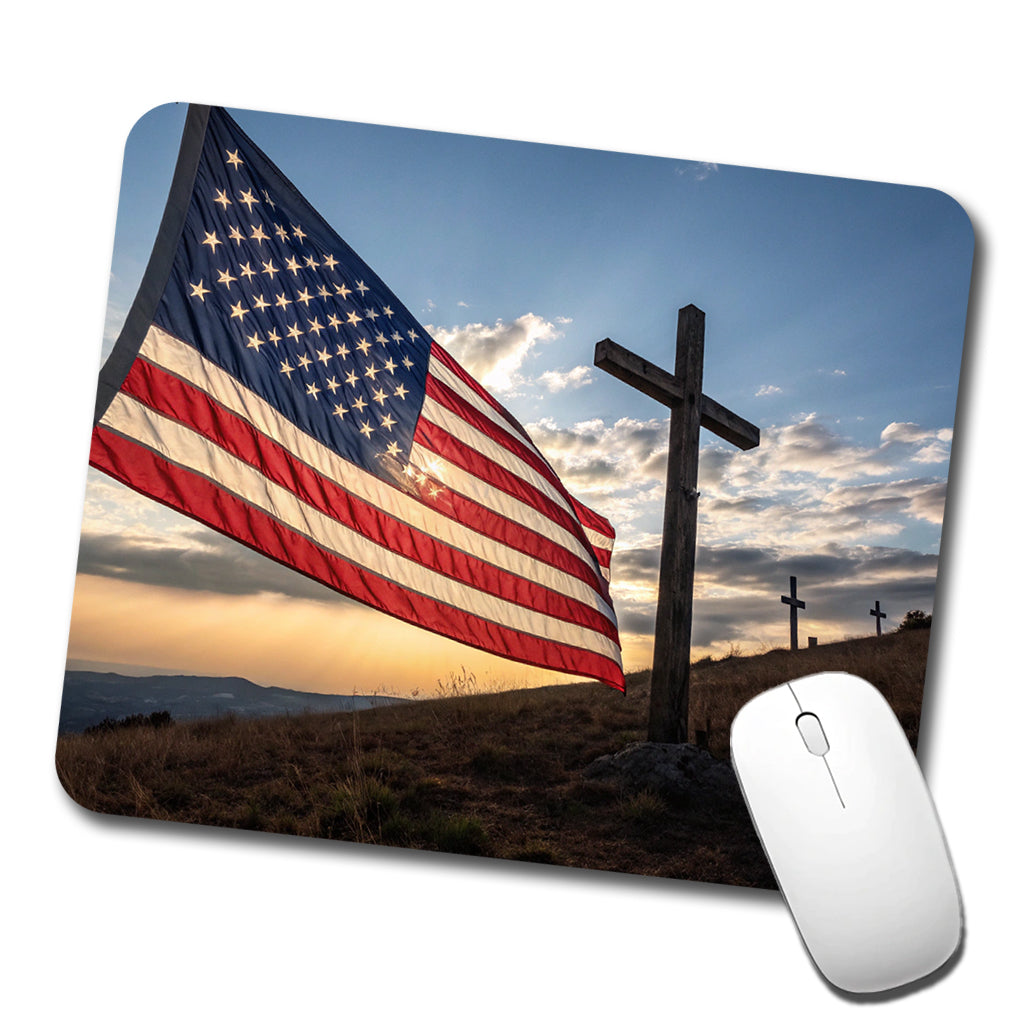 Cross Over American Flag USA United States Religious Low Profile Mouse Pad Mat