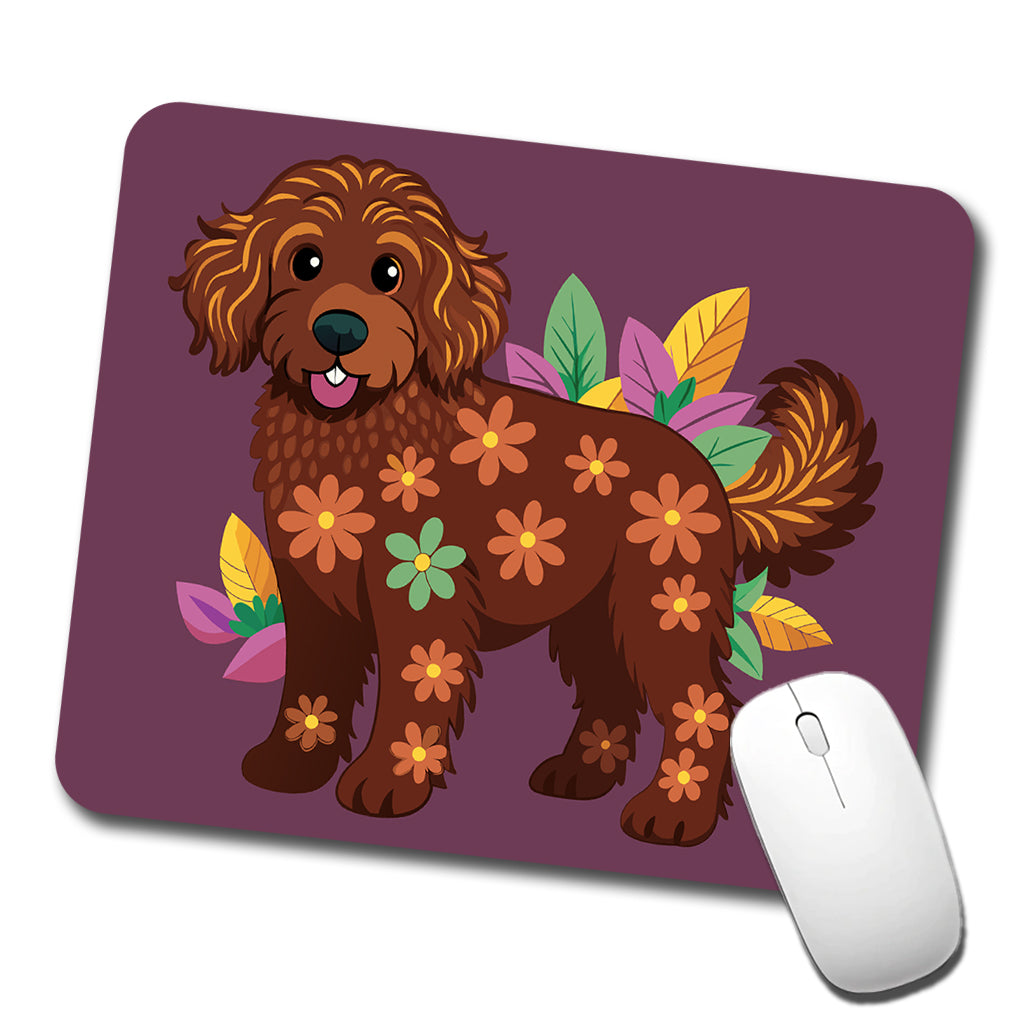 Dark Brown Golden Doodle Floral Motif Purple Dog Low Profile Mouse Pad Mat
