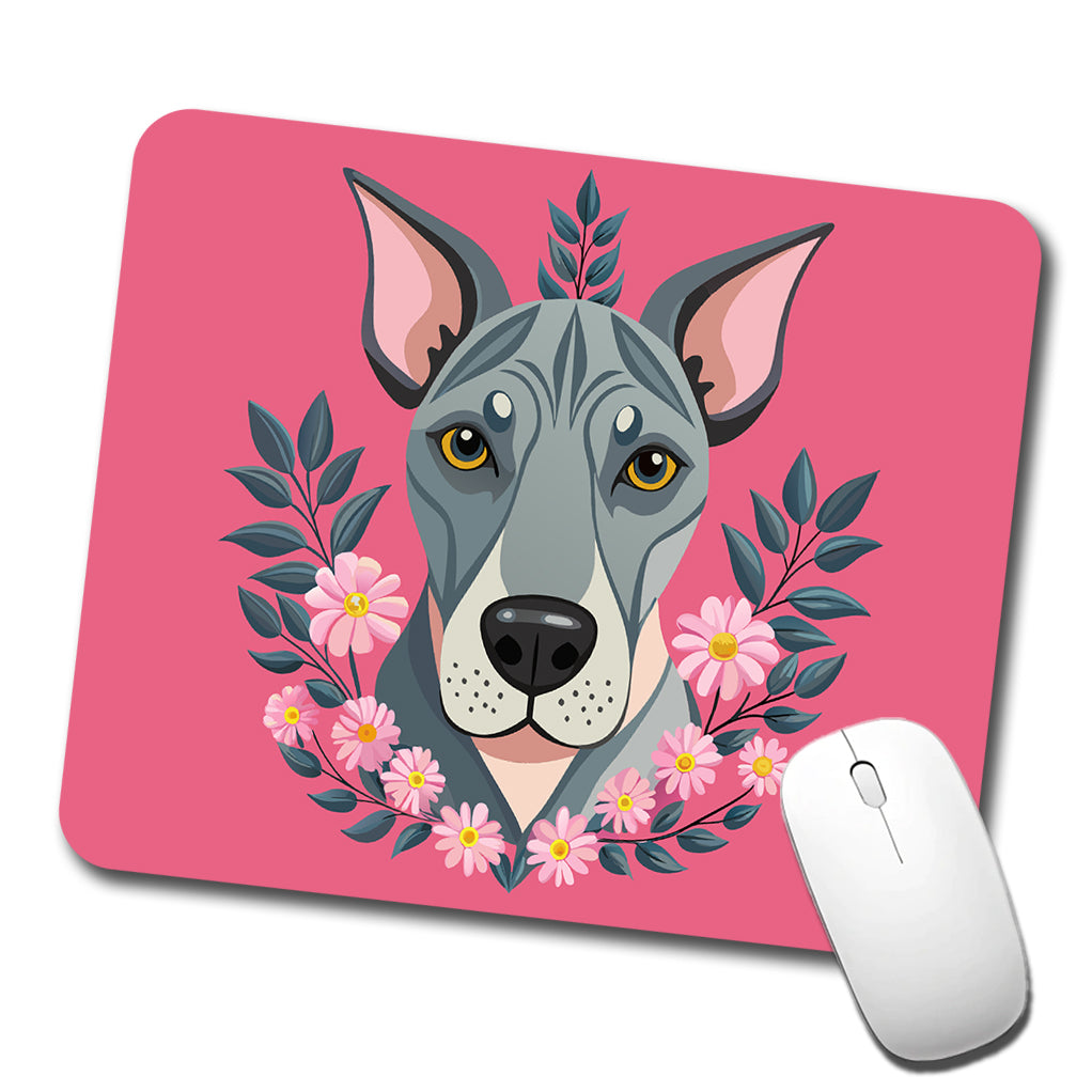 Great Dane Head Floral Motif Pink Background Dog Low Profile Mouse Pad Mat