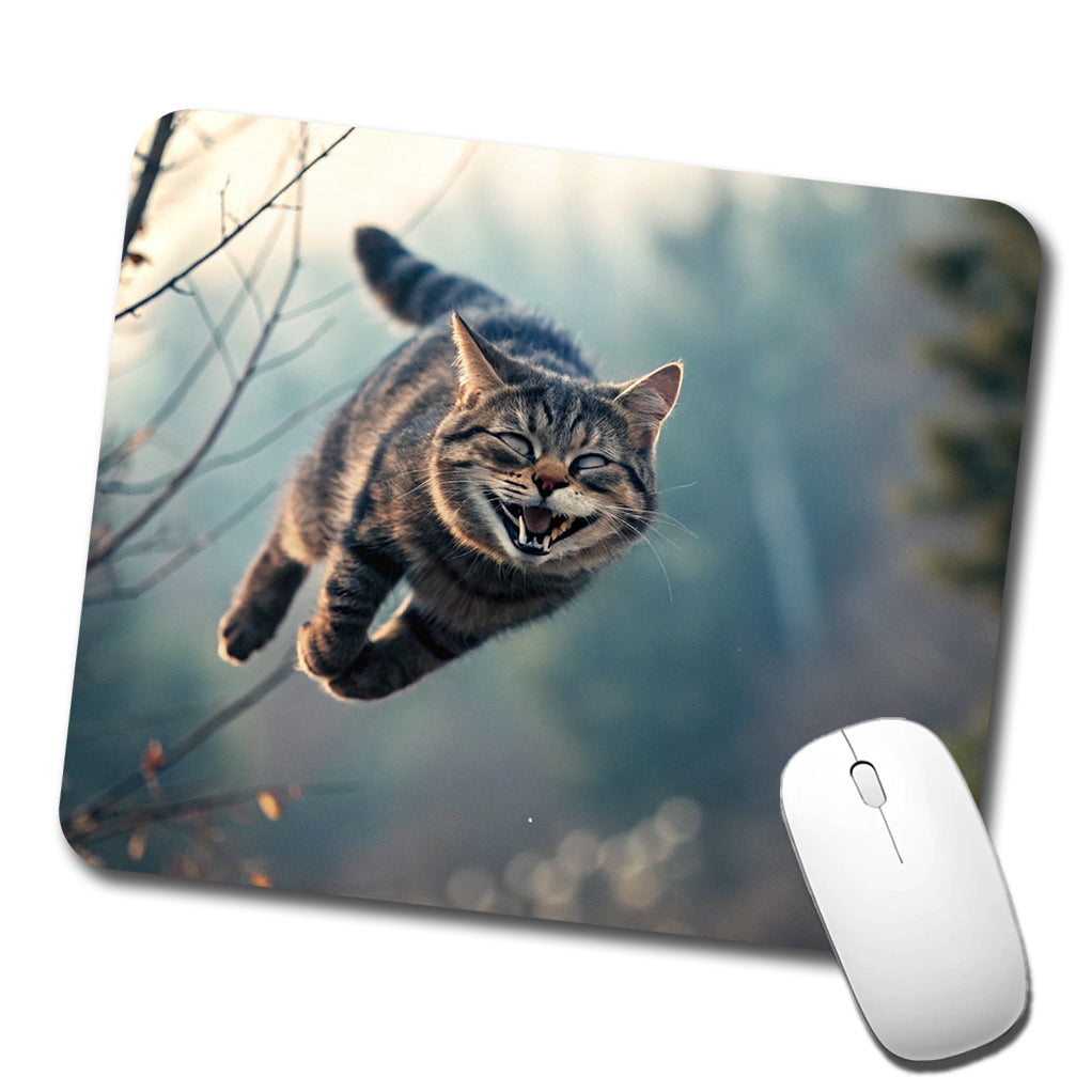 Leaping Funny Cat Grinning Low Profile Mouse Pad Mat