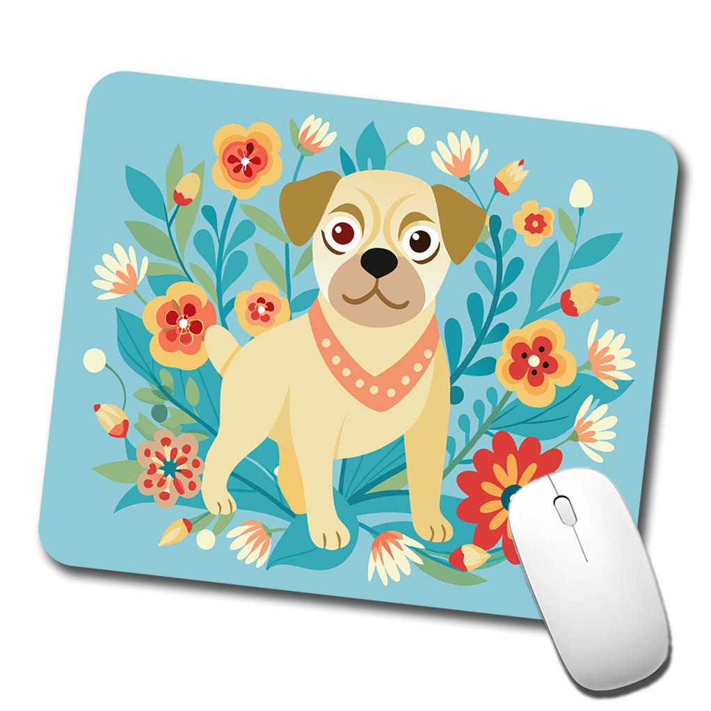 Puggle Floral Motif Blue Dog Low Profile Mouse Pad Mat