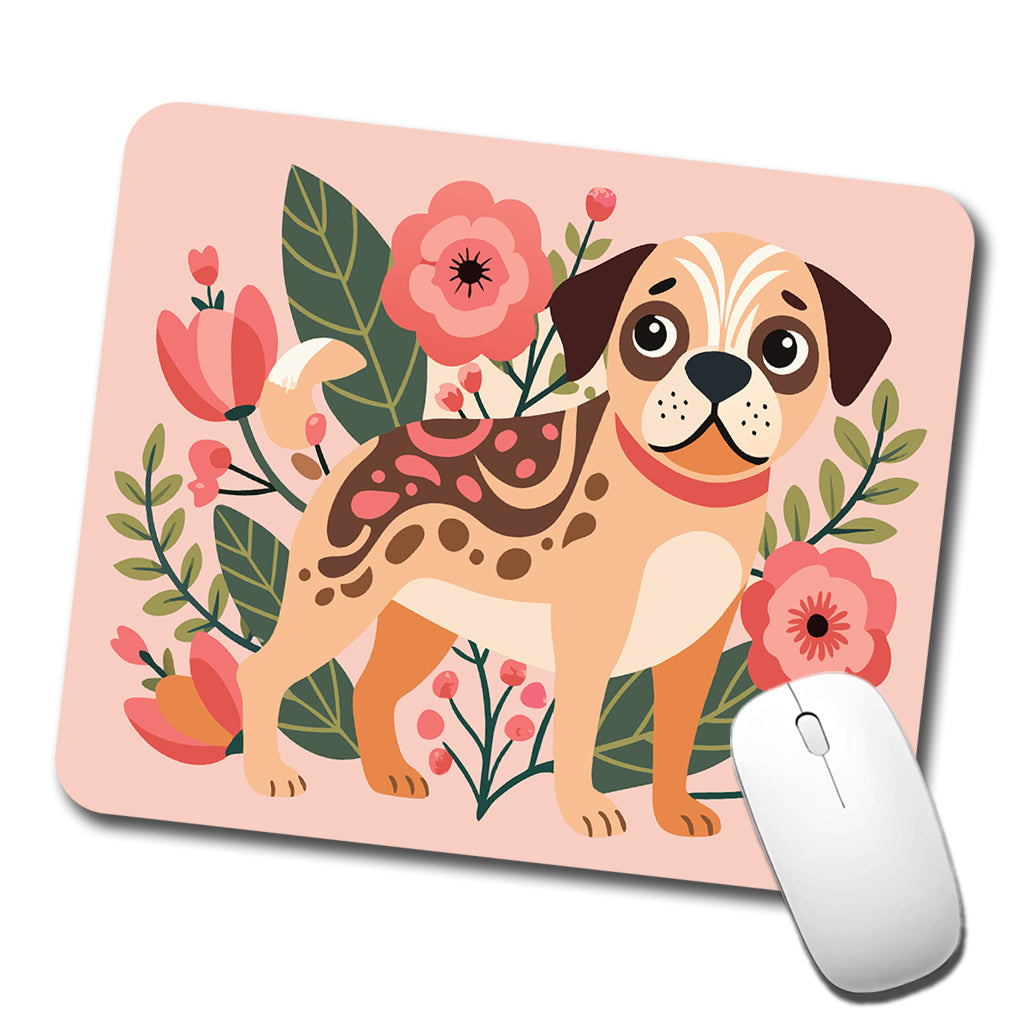 Puggle Floral Motif Pink Dog Low Profile Mouse Pad Mat