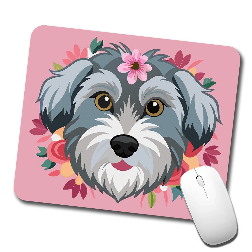 Schnoodle Head Floral Motif Pink Dog Low Profile Mouse Pad Mat