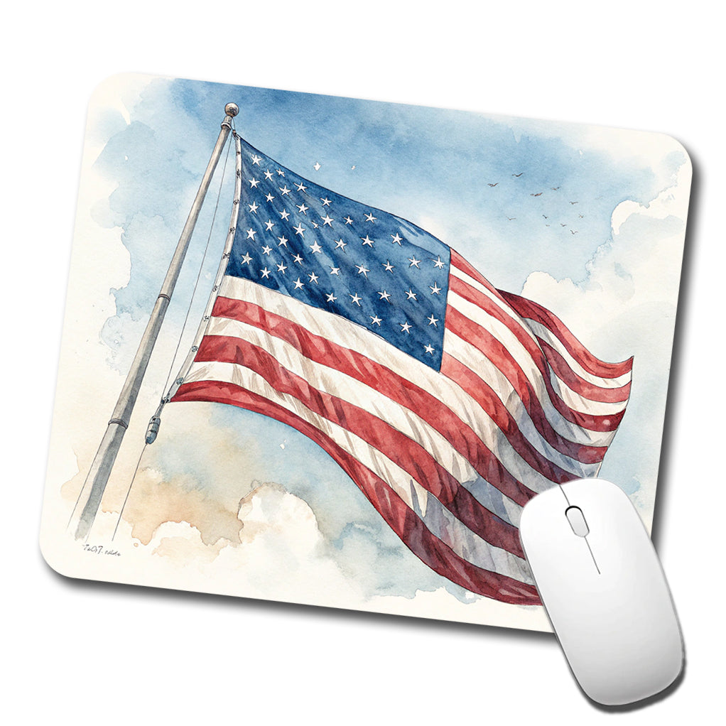 Waving American Flag Watercolor USA United States Low Profile Mouse Pad Mat