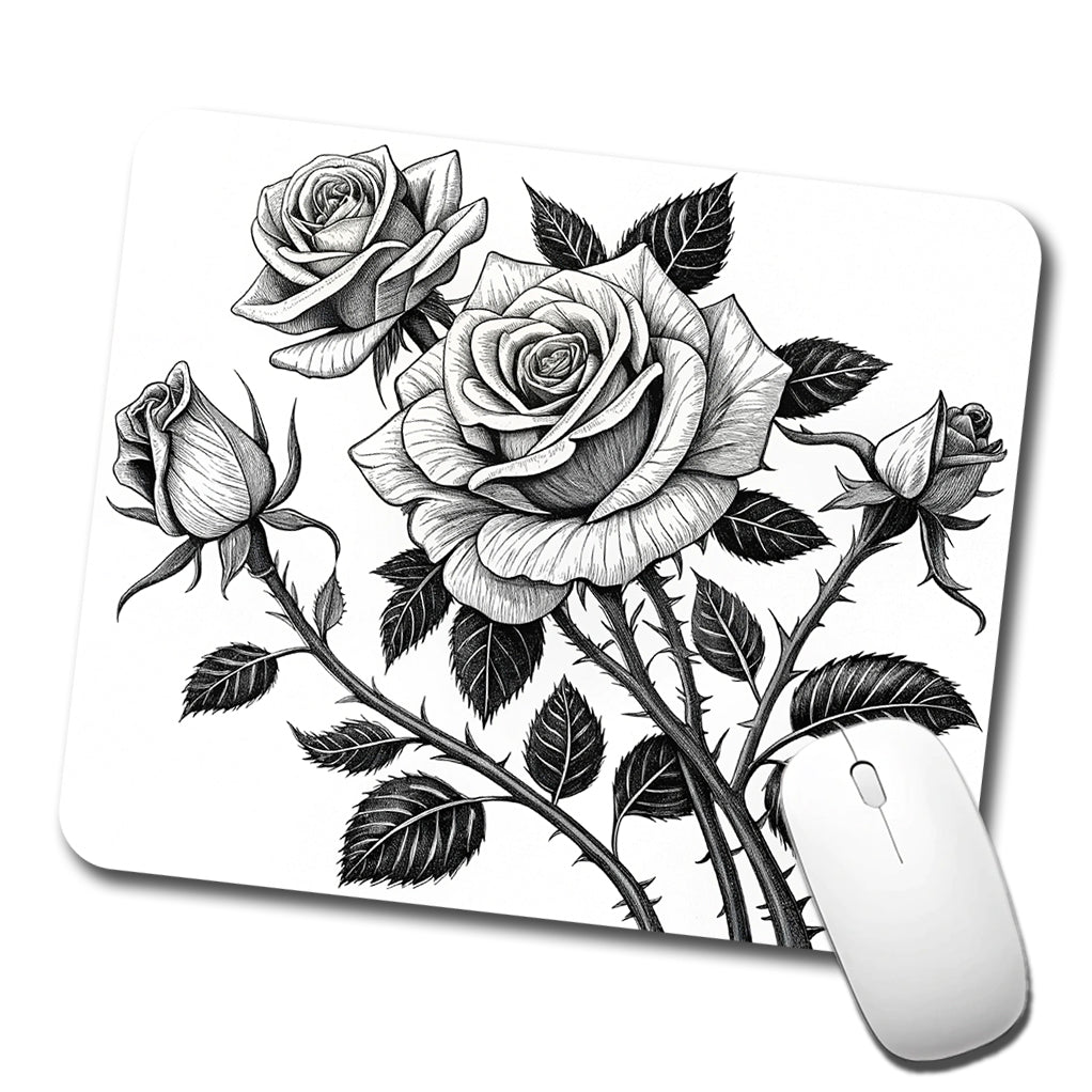 Black White Roses Low Profile Mouse Pad Mat
