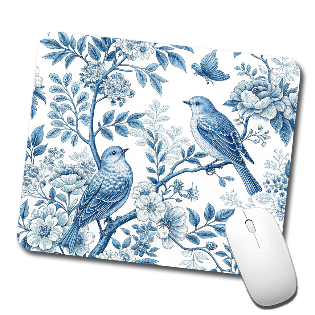 Blue On White Toile With Birds Low Profile Mouse Pad Mat