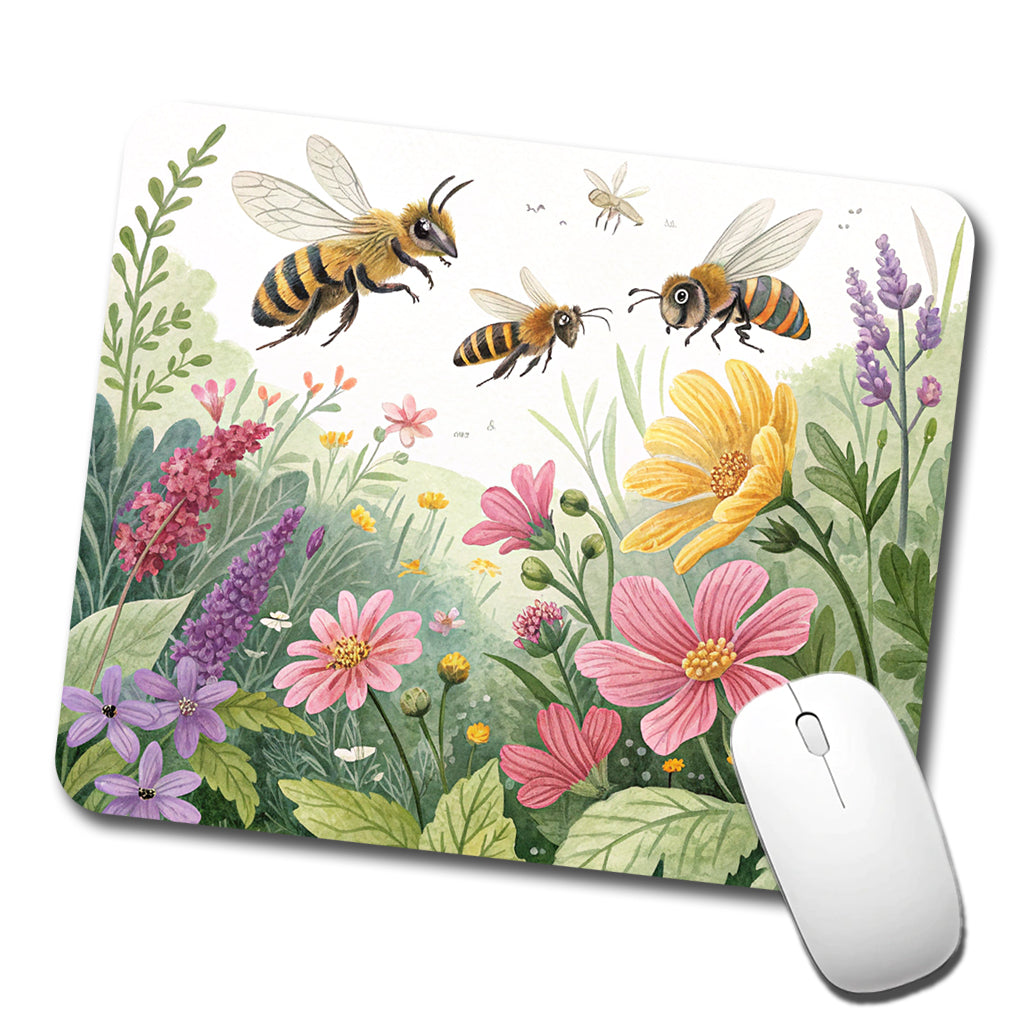 Flying Bees Flowers Low Profile Mouse Pad Mat