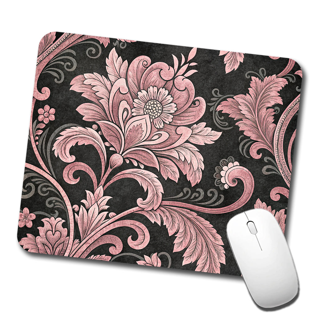 Pink Damask On Black Low Profile Mouse Pad Mat