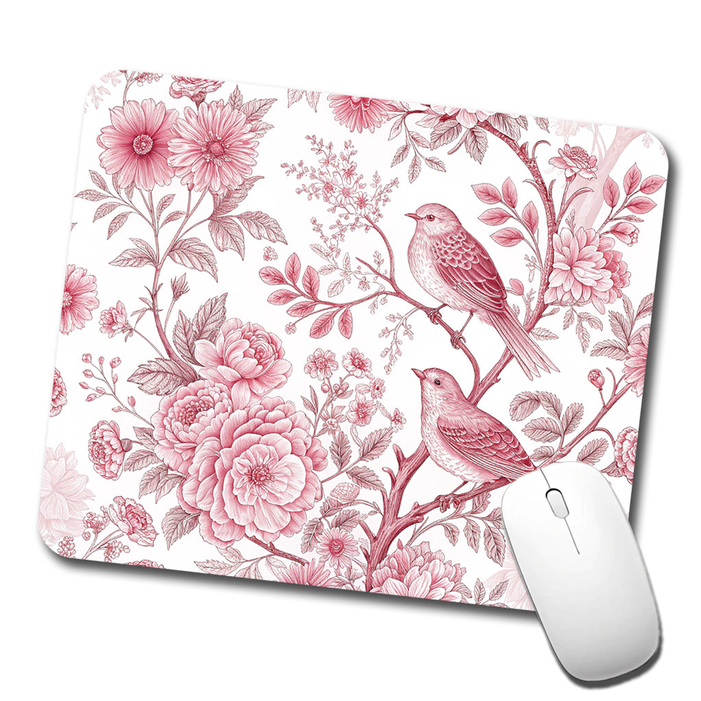 Pink On White Toile With Birds Low Profile Mouse Pad Mat