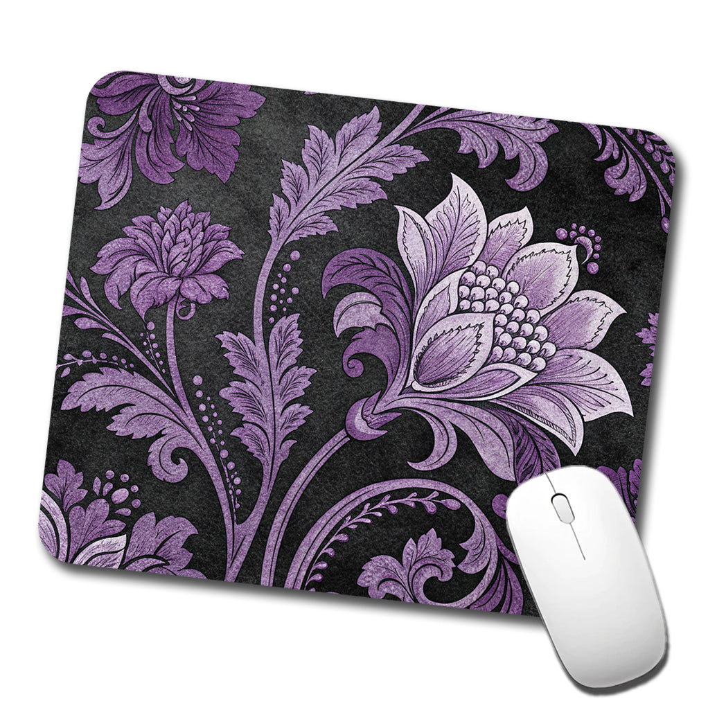 Purple Damask On Black Low Profile Mouse Pad Mat