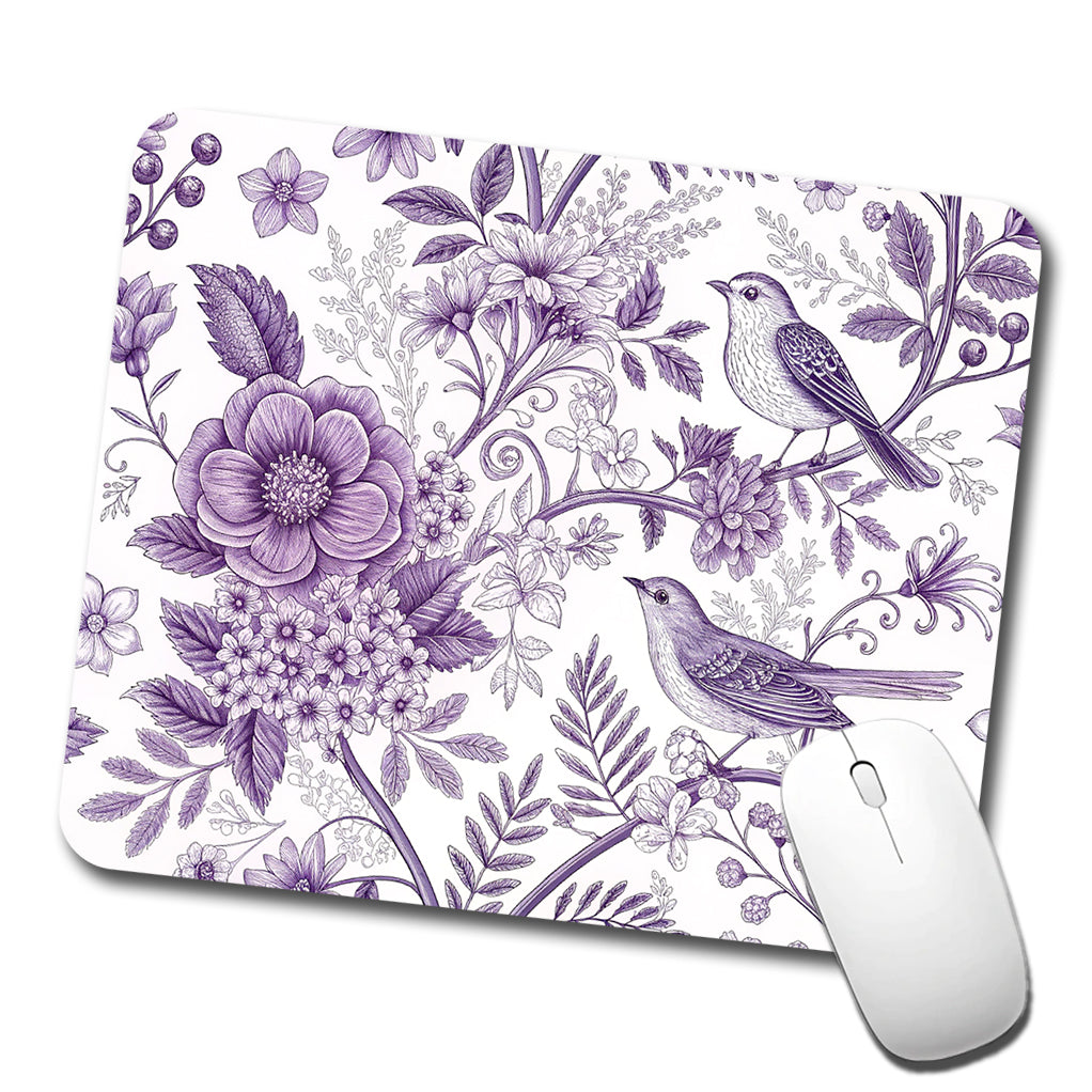 Purple On White Toile With Birds Low Profile Mouse Pad Mat
