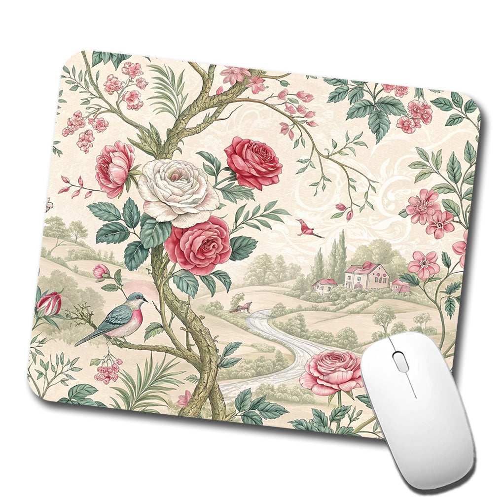 Toile Pattern Flowers Birds Low Profile Mouse Pad Mat