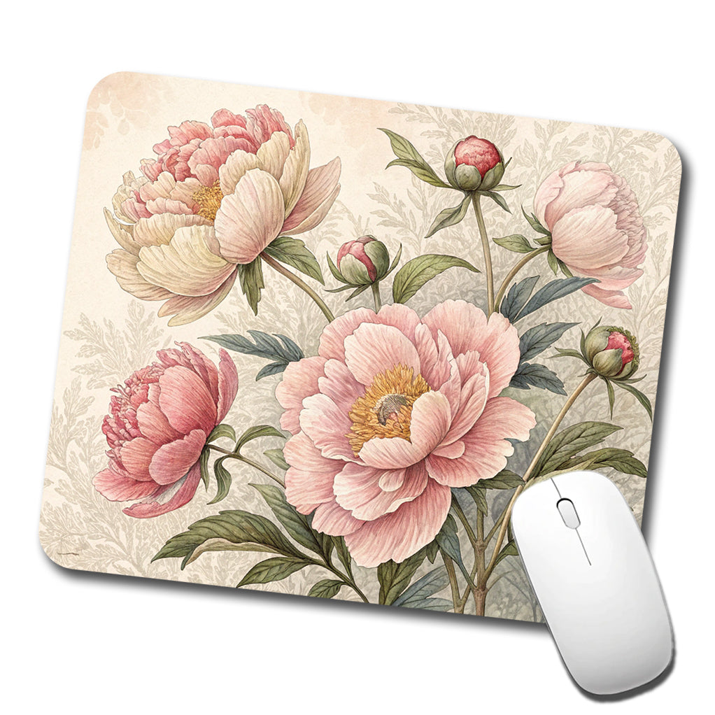 Vintage Peony Flowers Low Profile Mouse Pad Mat