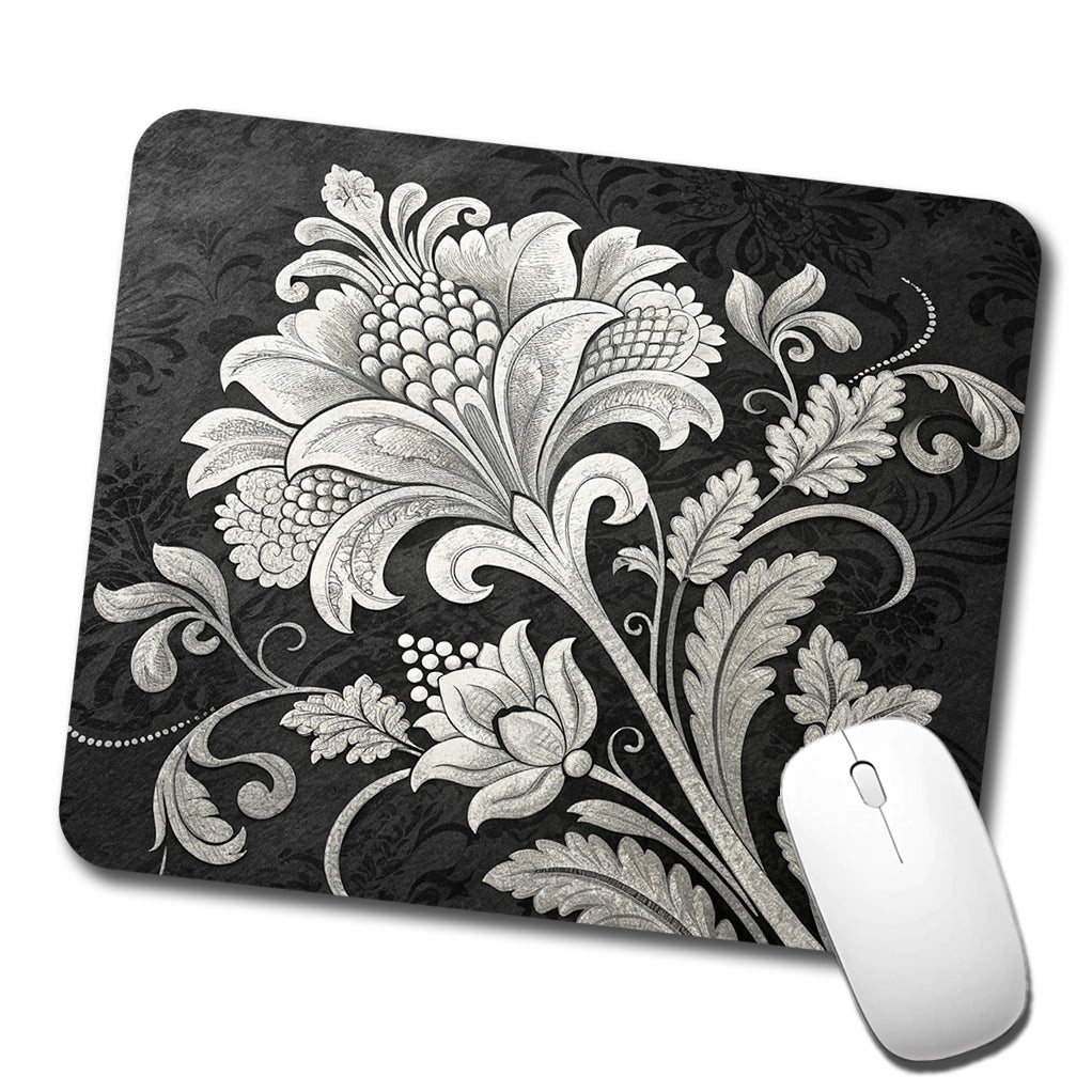 White Damask On Black Low Profile Mouse Pad Mat
