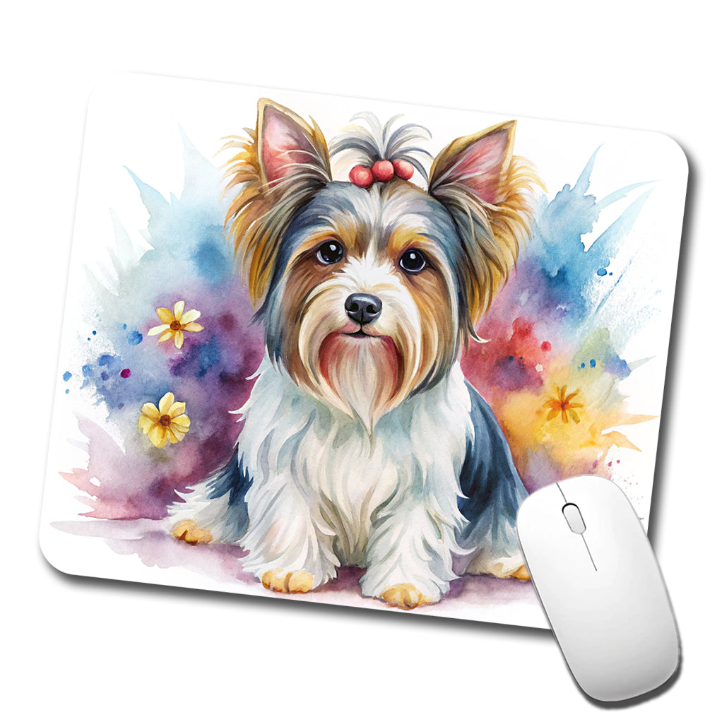 Biewer Terrier Dog Watercolor Style Low Profile Mouse Pad Mat