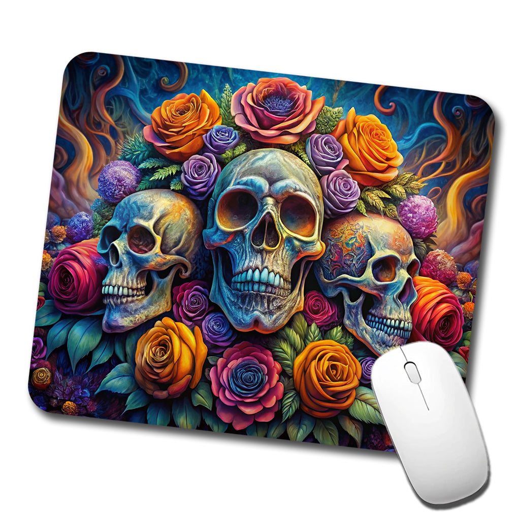 Psychedelic Colorful Skulls And Roses Low Profile Mouse Pad Mat