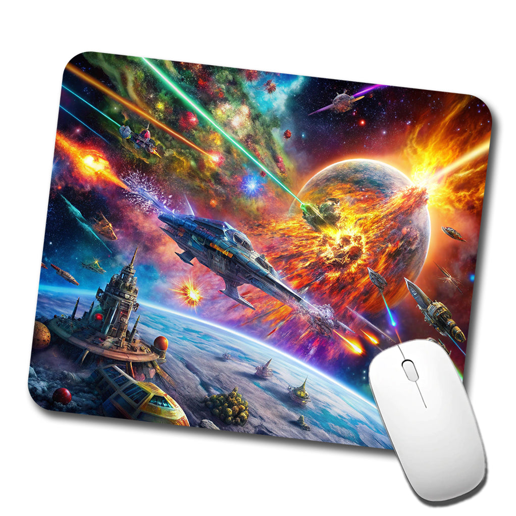 Psychedelic Colorful Space Sci-fi Starship Battle Low Profile Mouse Pad Mat