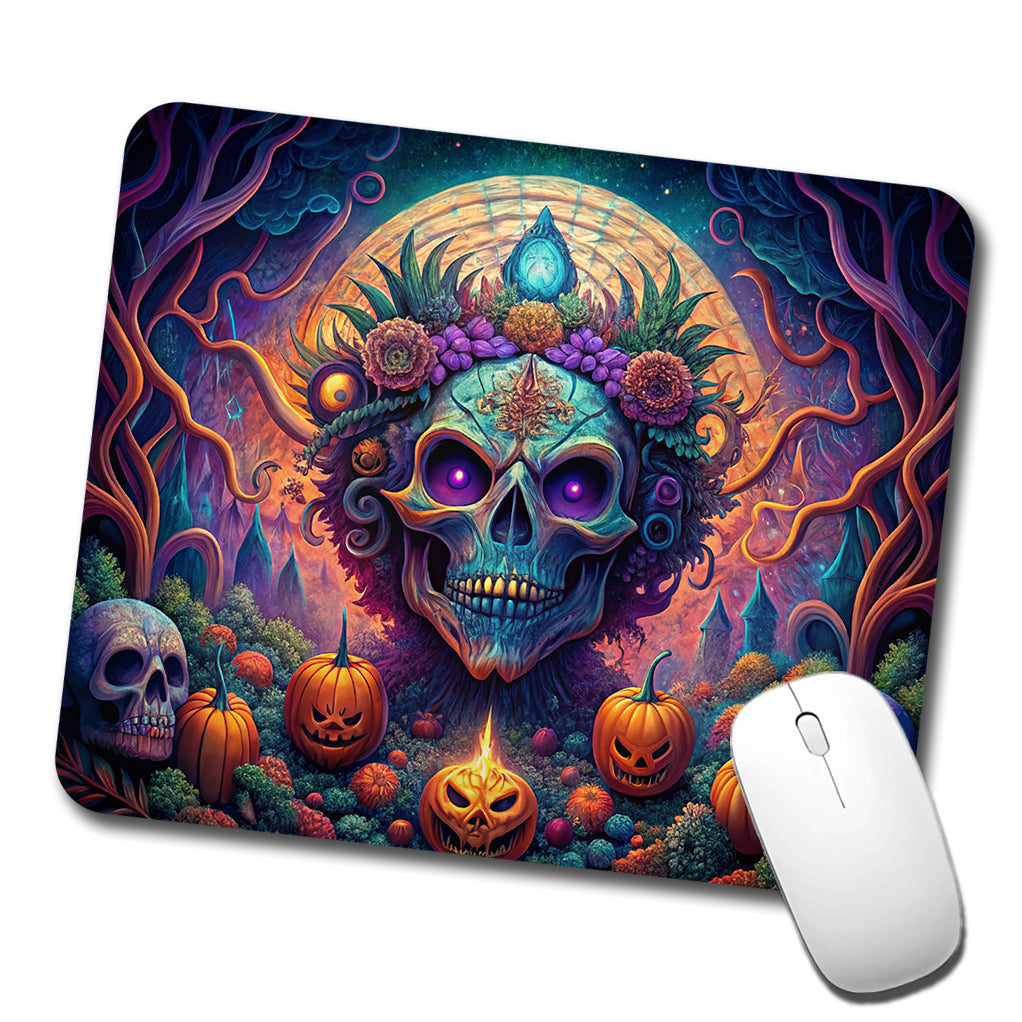 Psychedelic Halloween Skulls Pumpkins Vibrant Colors Low Profile Mouse Pad Mat