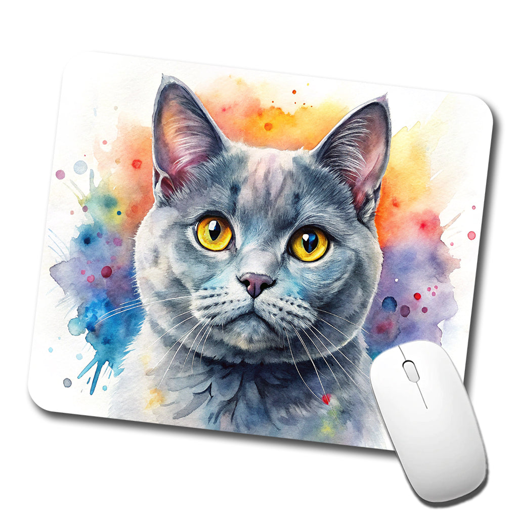 British Shorthair Gray Cat Watercolor Style Low Profile Mouse Pad Mat