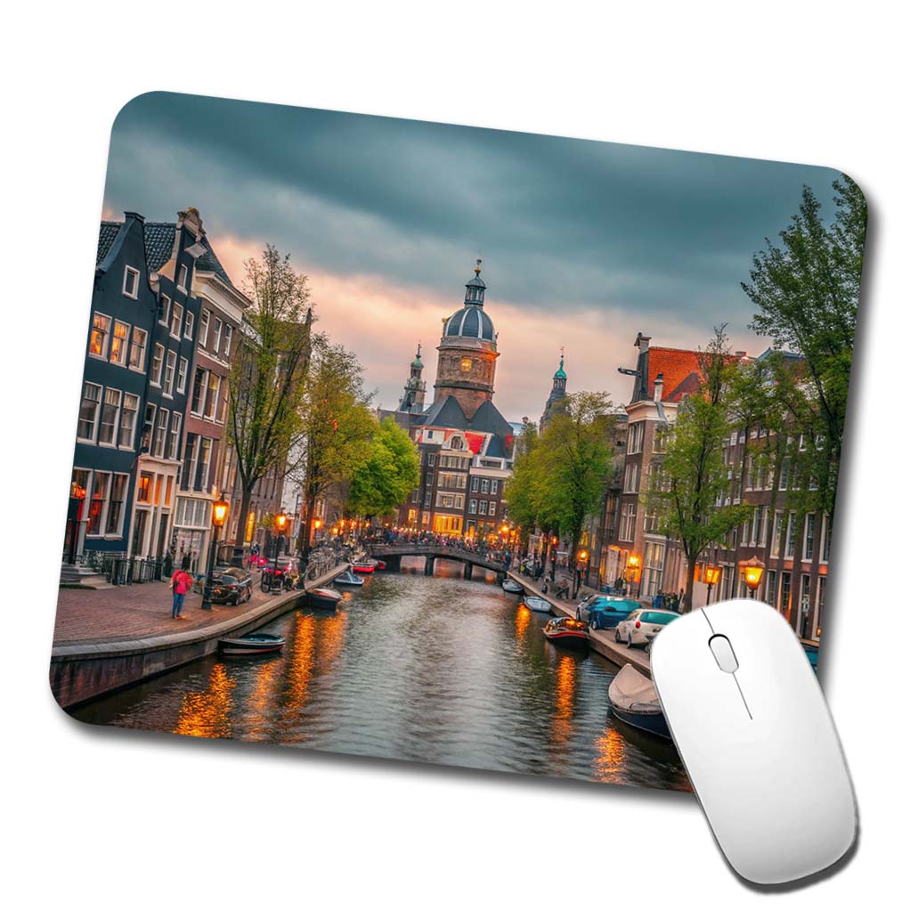 Amsterdam Netherlands Twilight Canals Low Profile Mouse Pad Mat