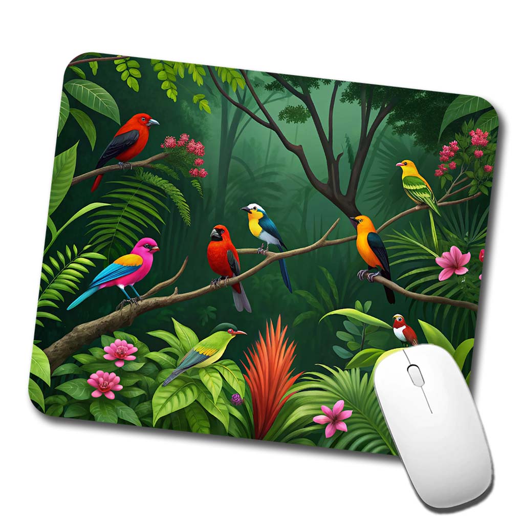 Birds In Jungle Trees Ferns Low Profile Mouse Pad Mat