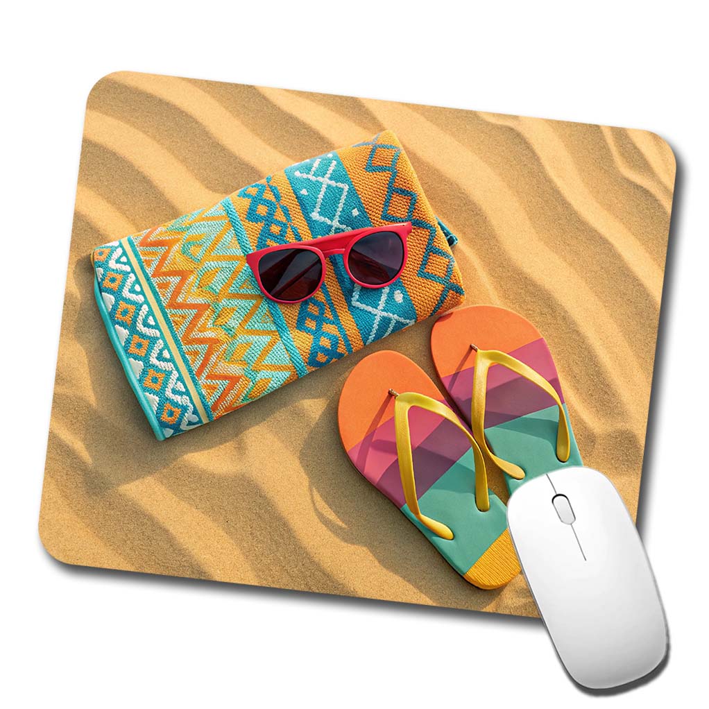 Colorful Sunglasses Flip Flops Towel On Sandy Beach Low Profile Mouse Pad Mat