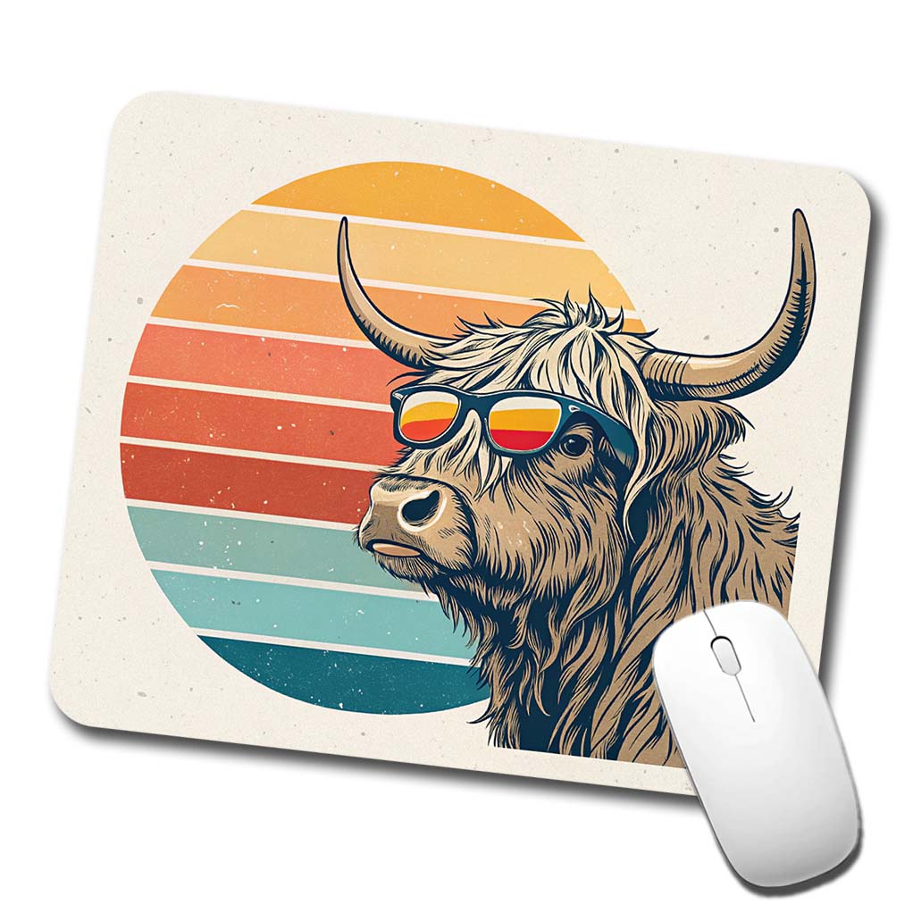 Cool Highland Cow Wearing Sunglasses Retro Illustration Low Profile Mouse Pad Mat