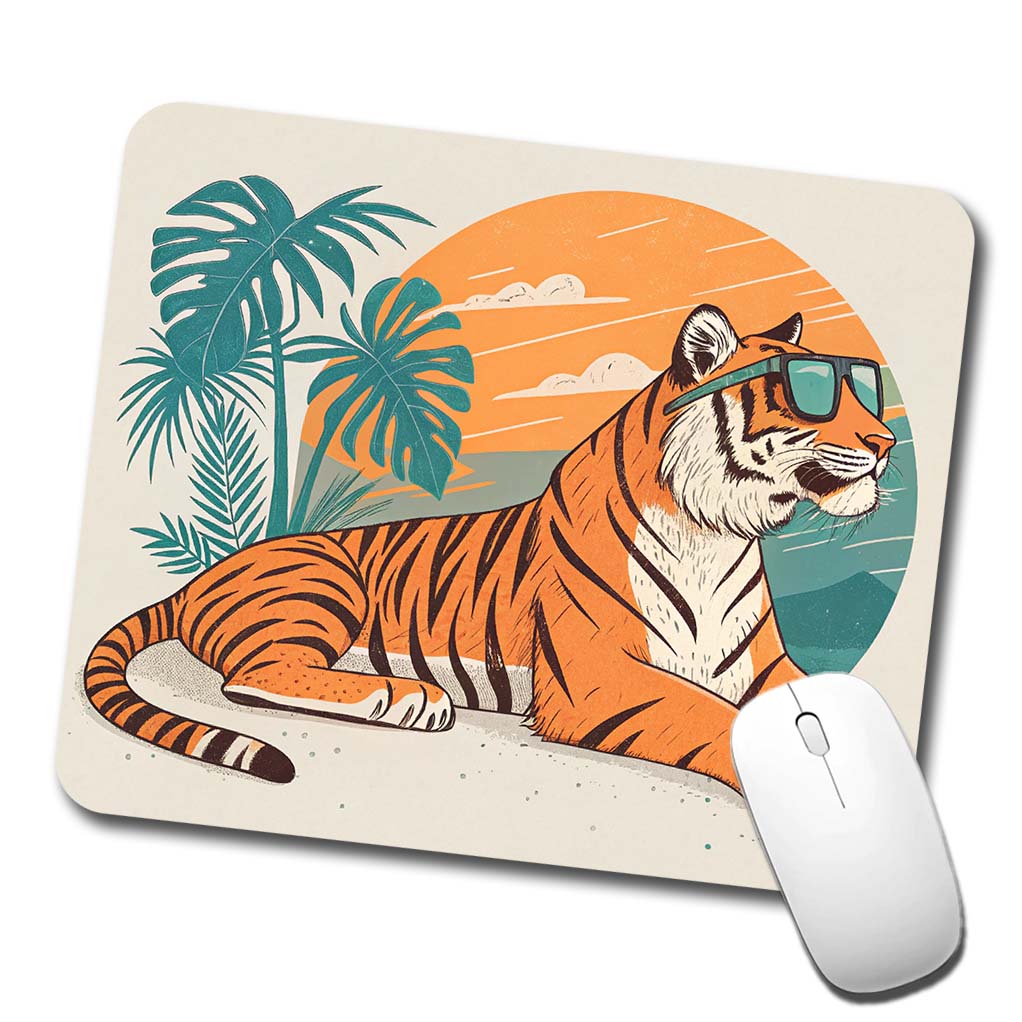 Cool Tiger Wearing Sunglasses Retro Illustration Low Profile Mouse Pad Mat